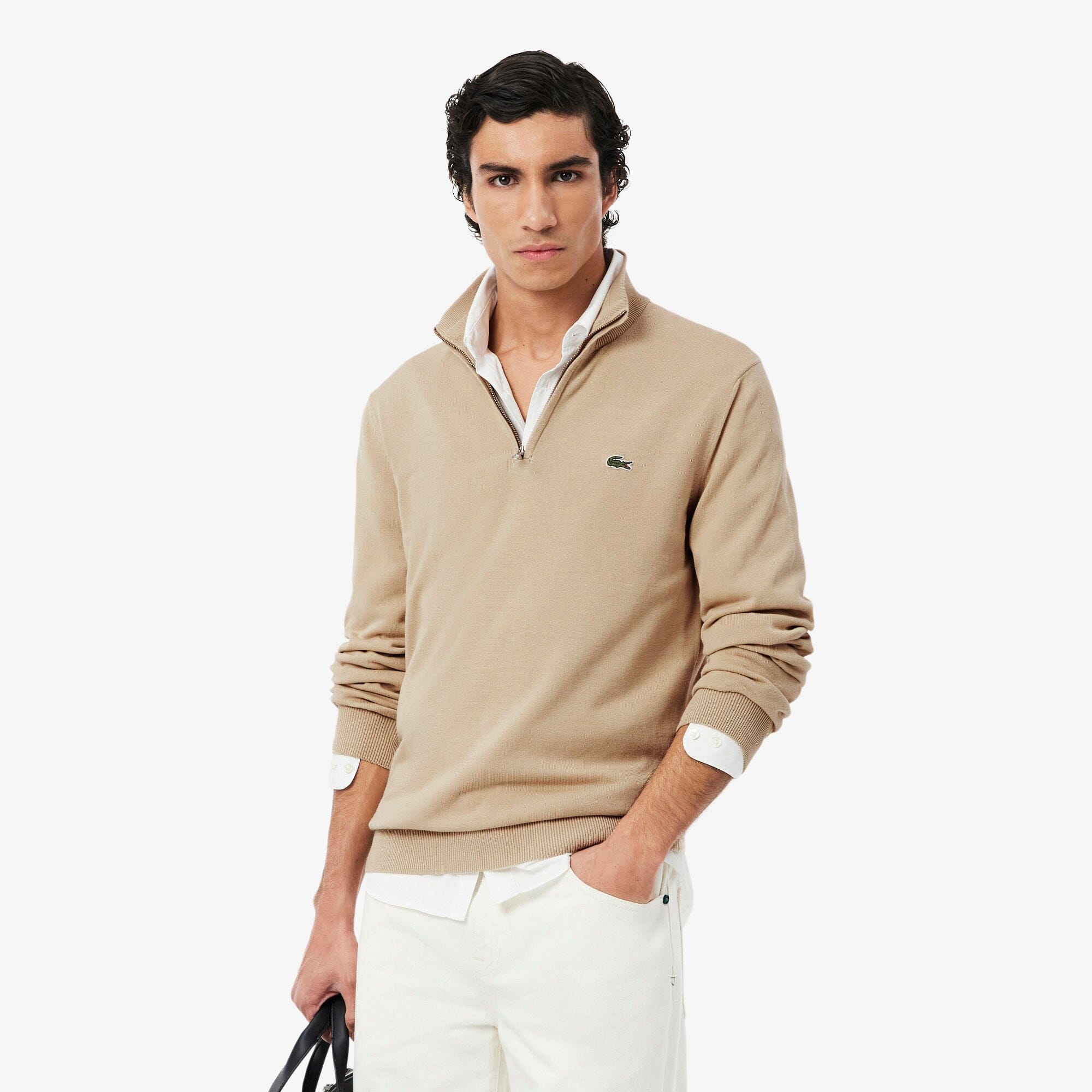 Lacoste Pull zippé coton uni col montant Beige