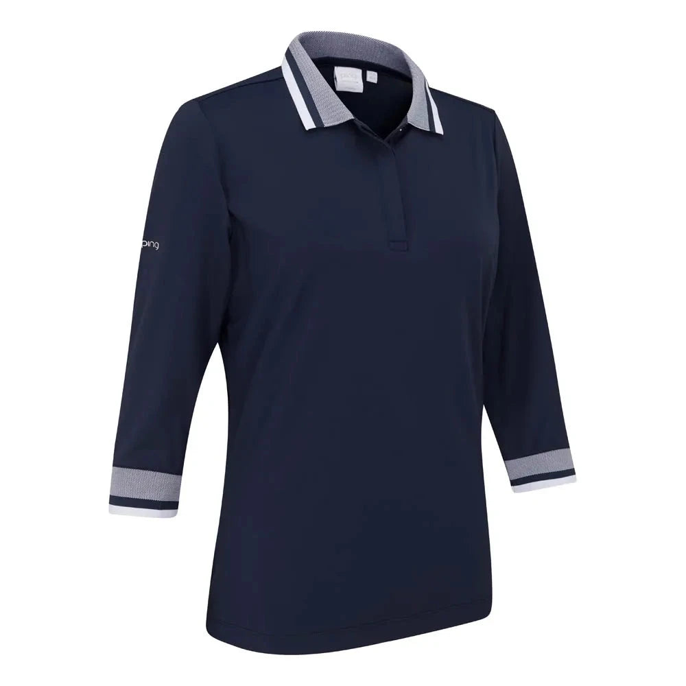 Ping Polo Femme à manche 3/4 Lindsey Marine / Blanc