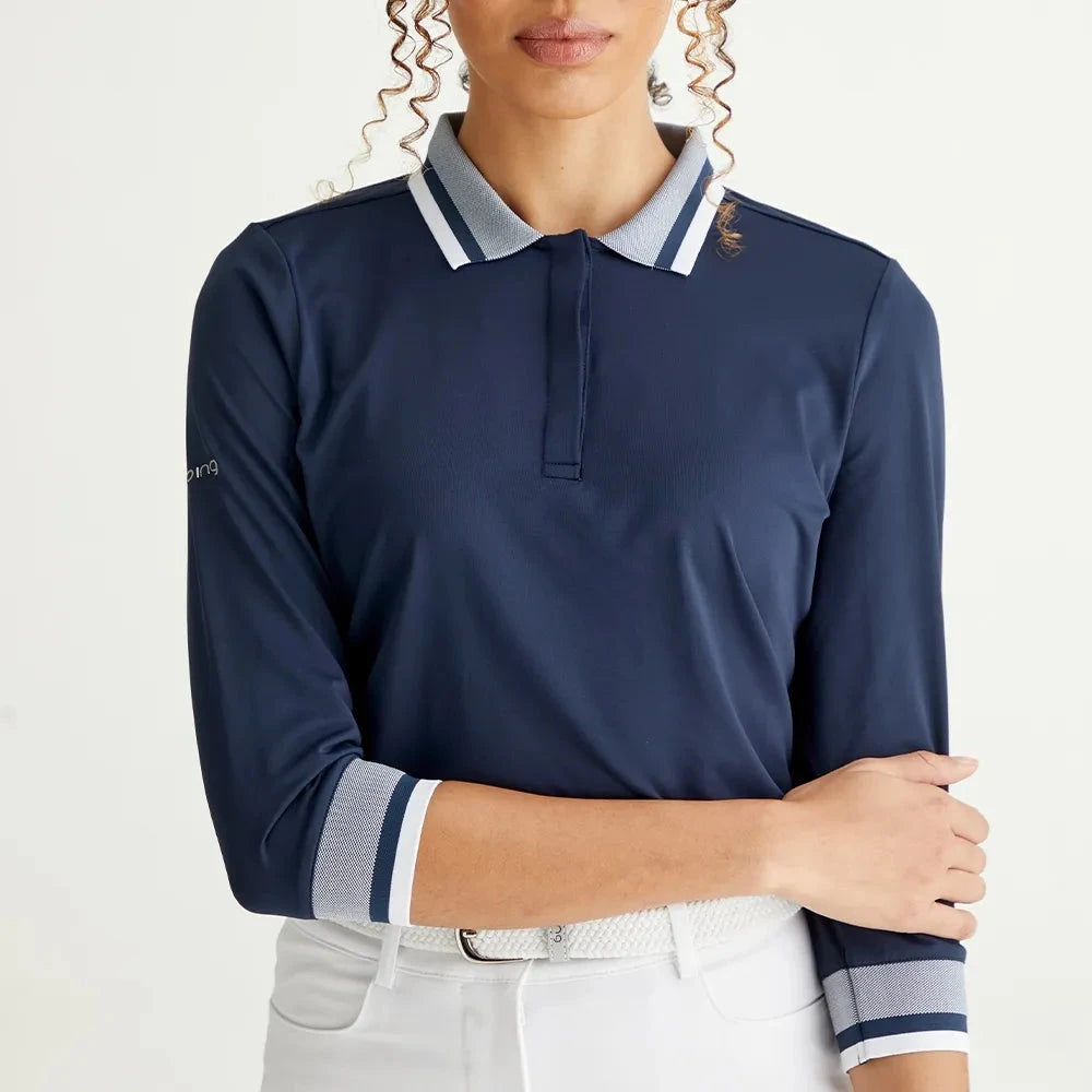 Ping Polo Femme à manche 3/4 Lindsey Marine / Blanc