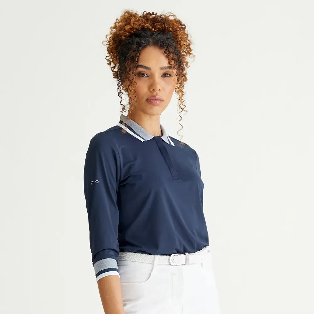 Ping Polo Femme à manche 3/4 Lindsey Marine / Blanc