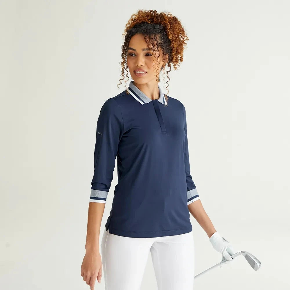 Ping Polo Femme à manche 3/4 Lindsey Marine / Blanc