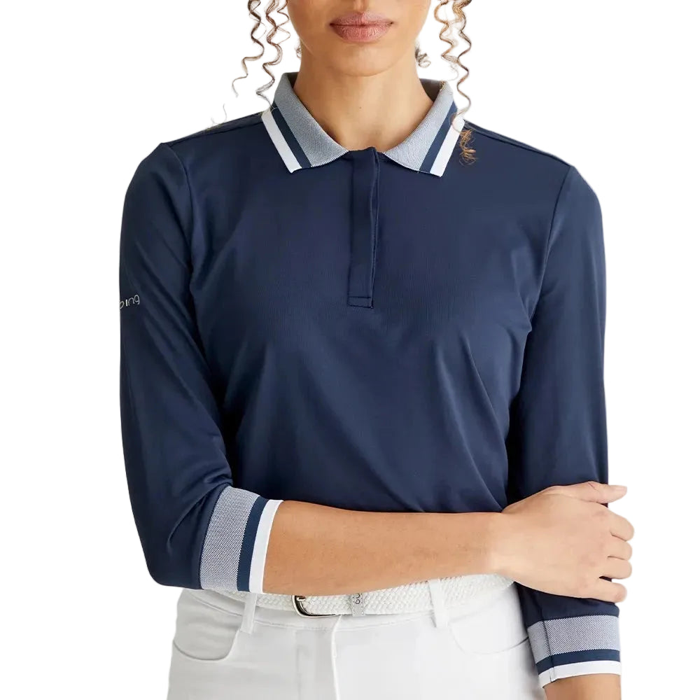 Ping Polo Femme à manche 3/4 Lindsey Marine / Blanc