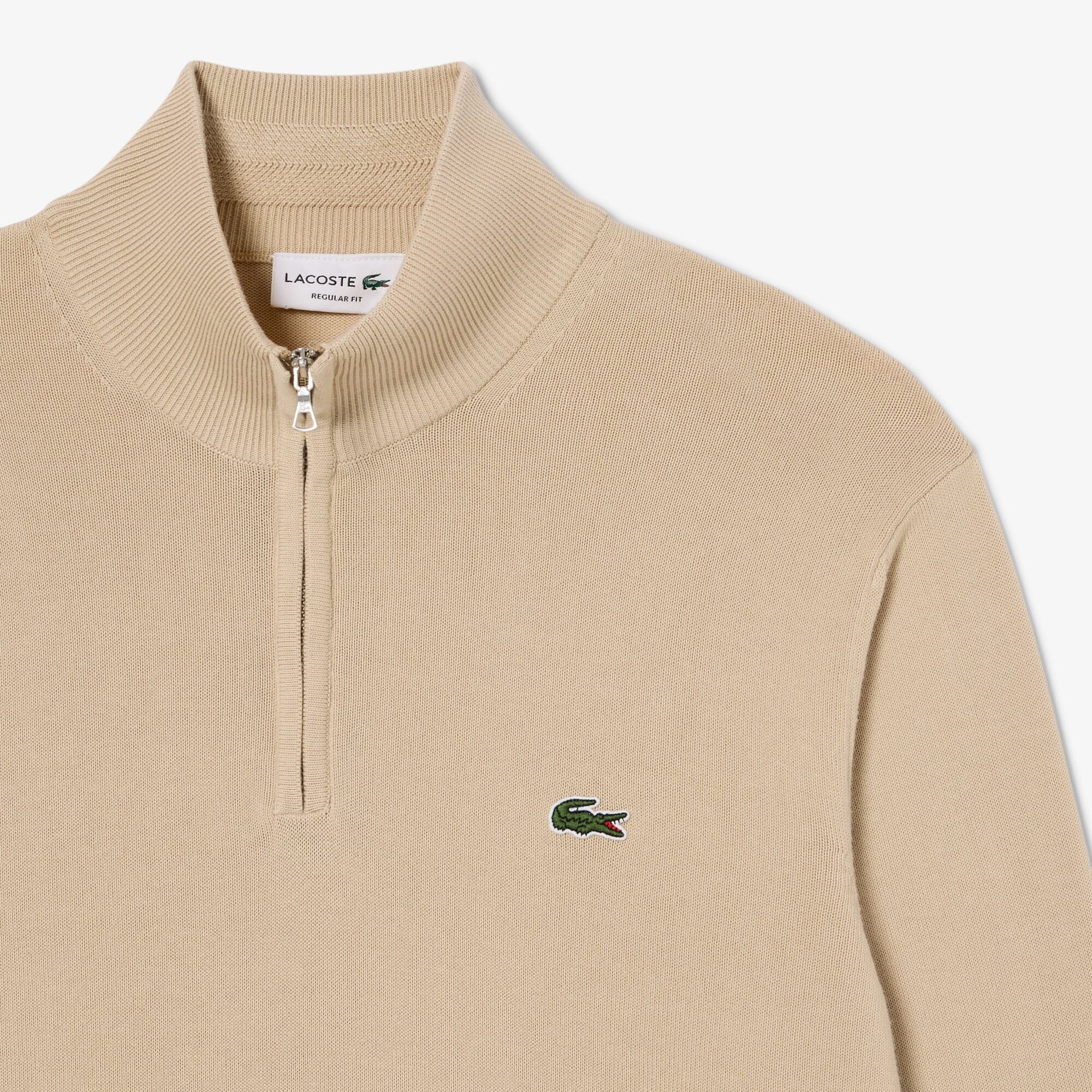 Lacoste Pull zippé coton uni col montant Beige