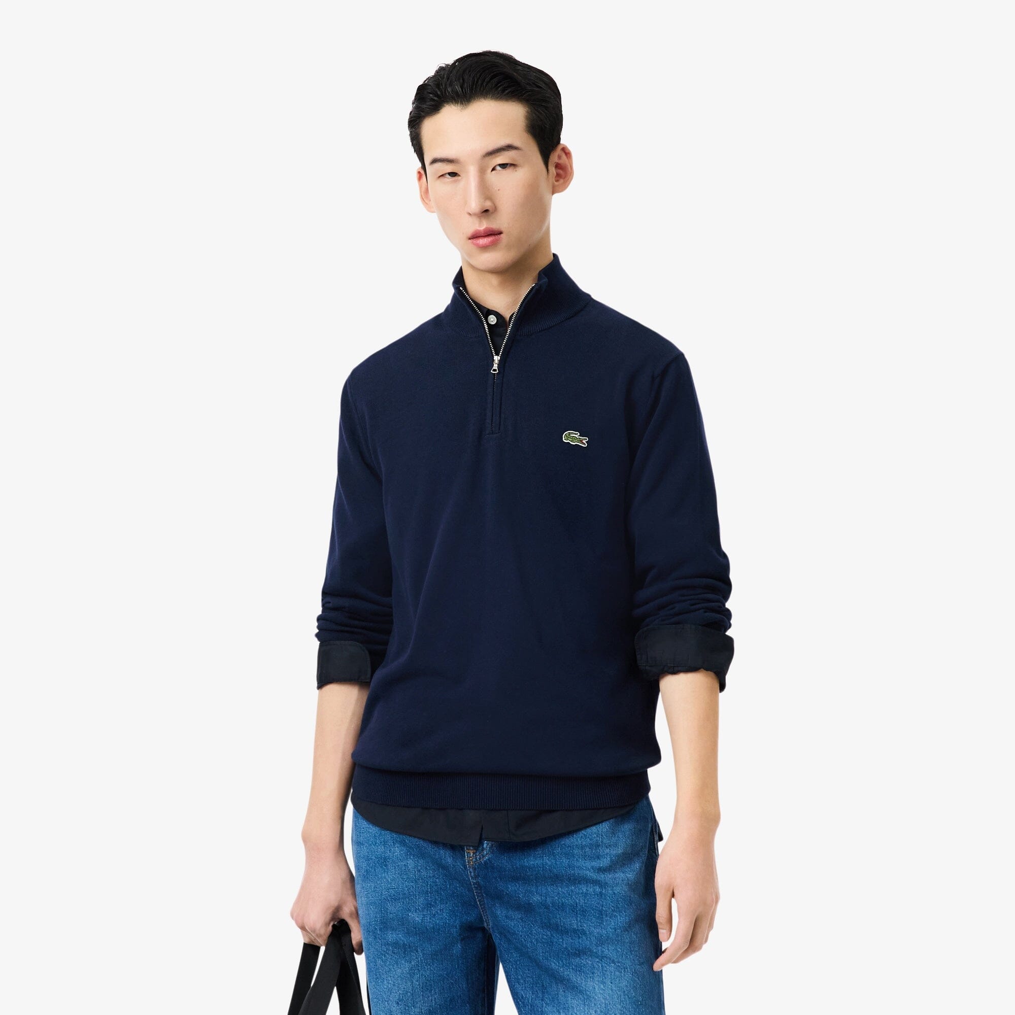 Lacoste Pull zippé coton uni col montant Bleu Nuit